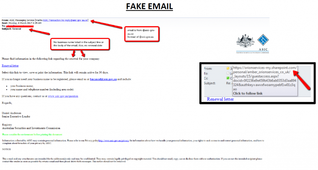A fake ASIC email, annotated to show the signs it is a scam