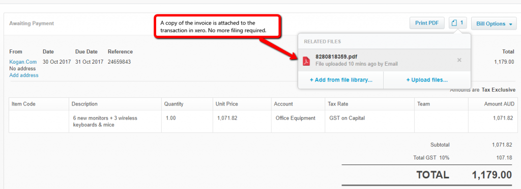 A Xero bill with the original invoice attached to it